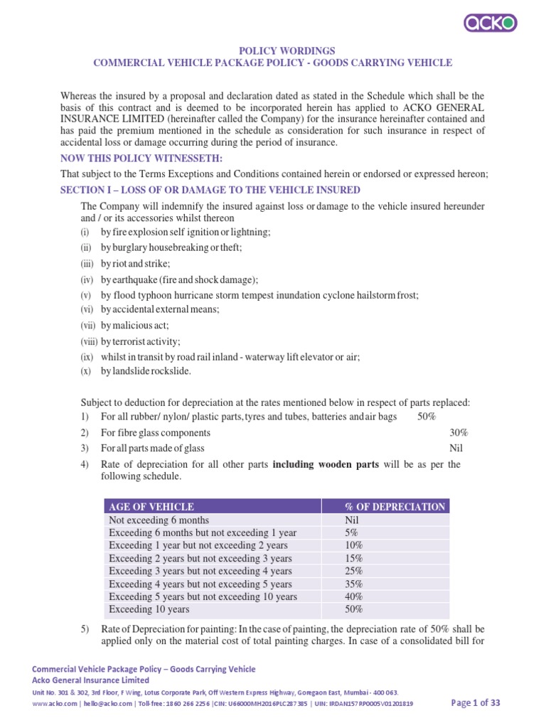 Policy Wordings Commercial Vehicle Package Policy Goods Carrying Vehicle PDF Insurance