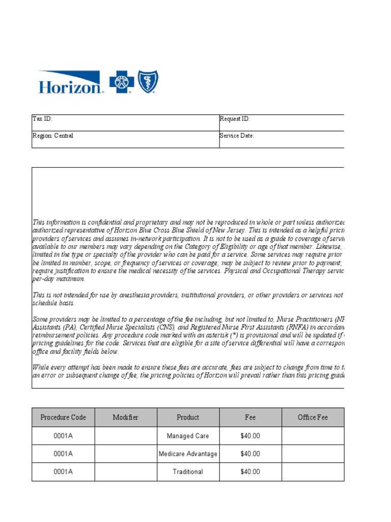 Horizon BCBS Fee Schedule 2022 PDF Nursing Physician