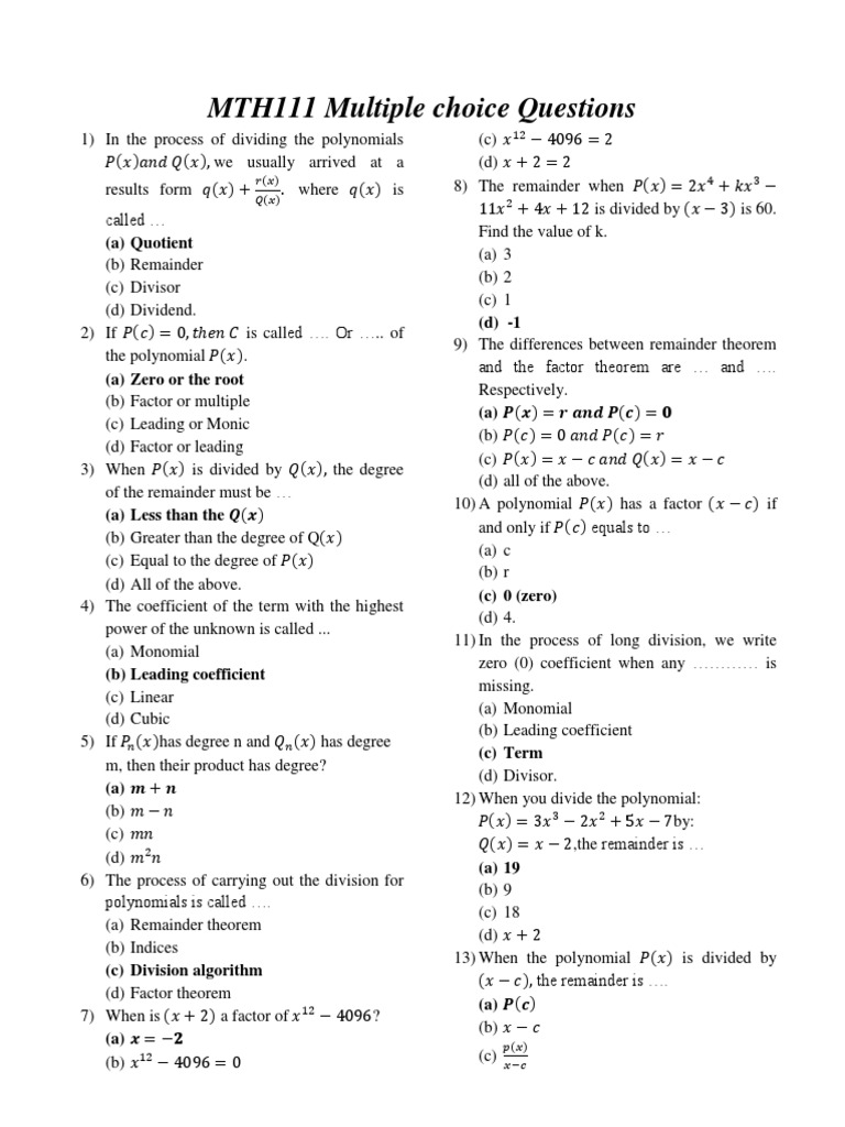 MTH111 Multiple Choice Questions: (A) Quotient | PDF | Factorization ...