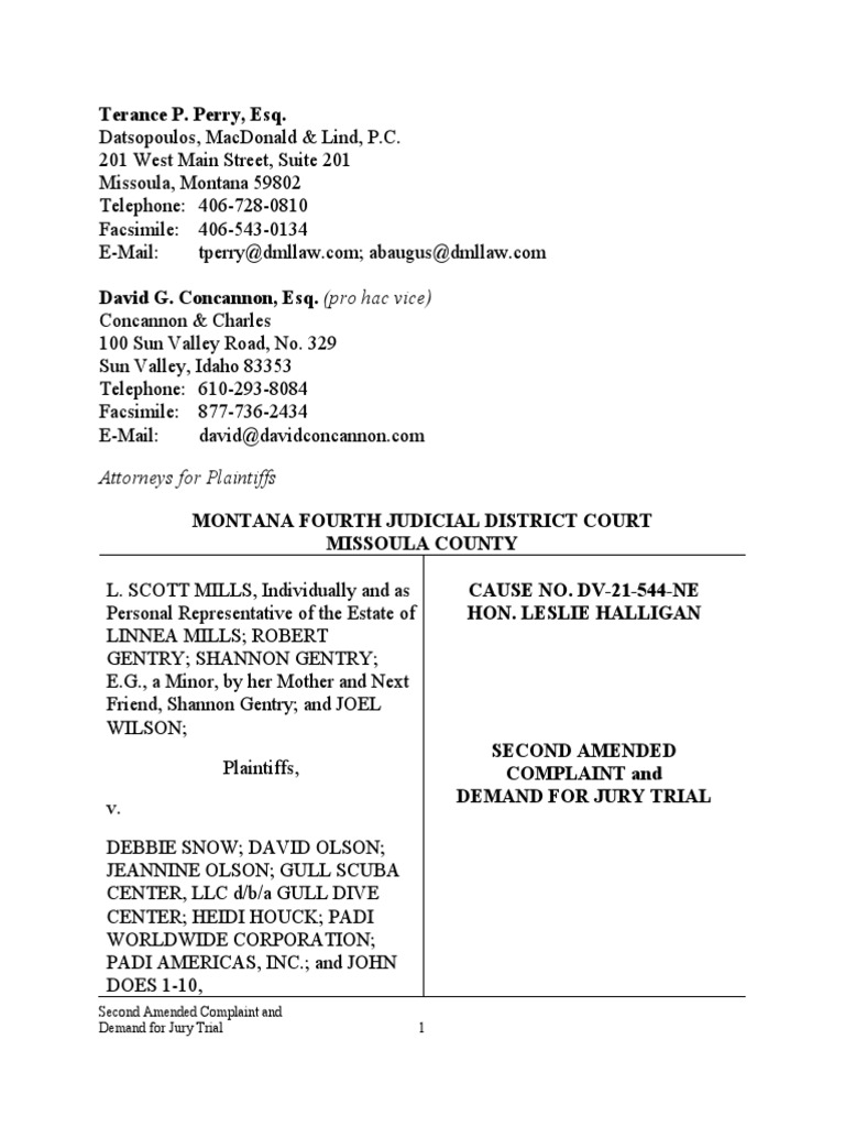 Mills v. Gull Dive Center & PADI 2nd Amended Complaint PDF Scuba