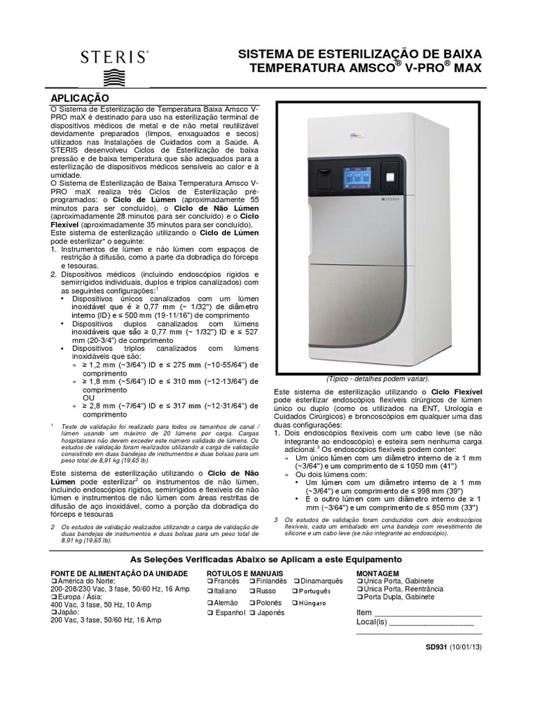V Pro Max Tech Data PTBR PDF Esterilização (Microbiologia) Umidade