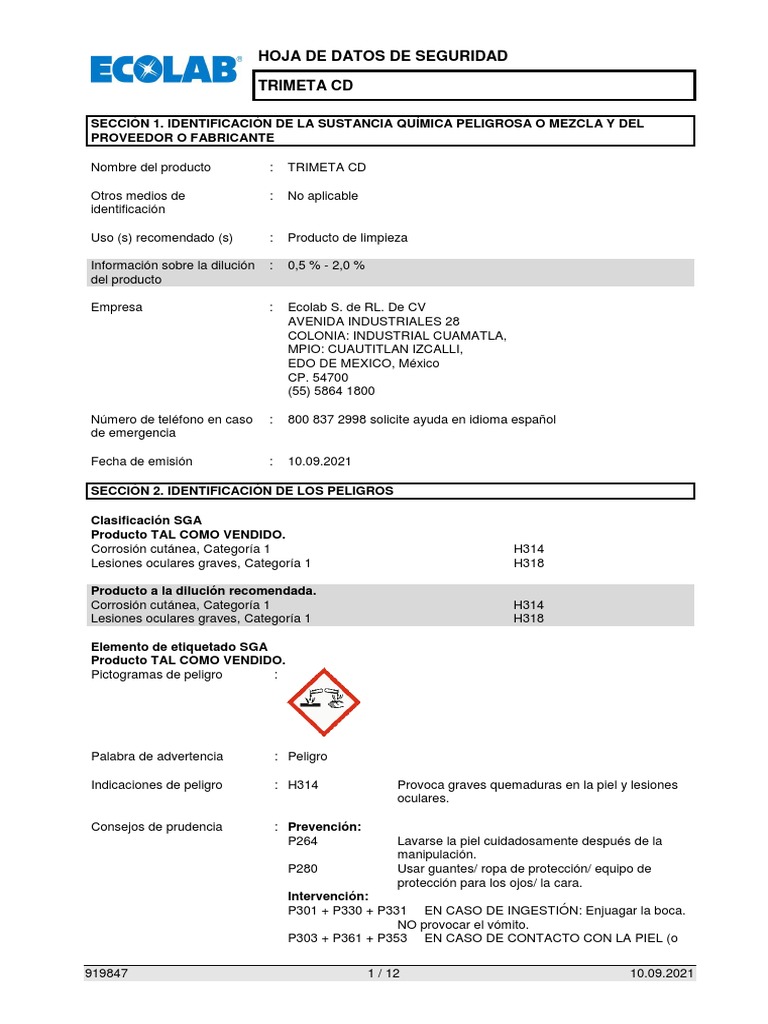 Hoja de Seguridad Trimeta CD Ecolab | PDF | Reciclaje | Residuos