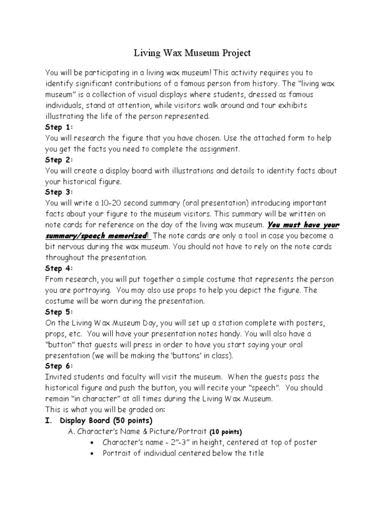 Living Wax Museum Rubric PDF Museum Public Speaking