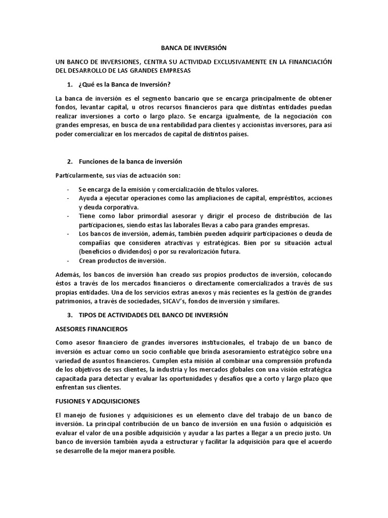 Funciones y Tipos de Banca de Inversión | PDF | Banca de inversión ...