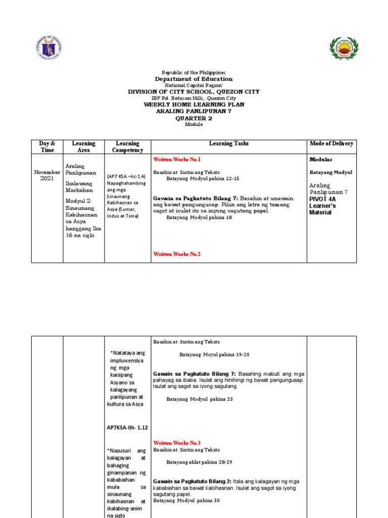 Weekly Home Learning Plan Araling Panlipunan 7 Quarter 2 Module | PDF