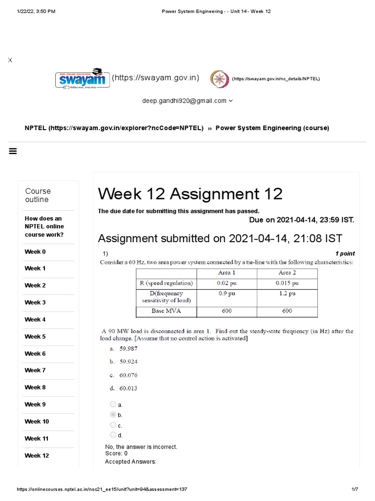 Week 12 Assignment for Power System Engineering Course Assessing