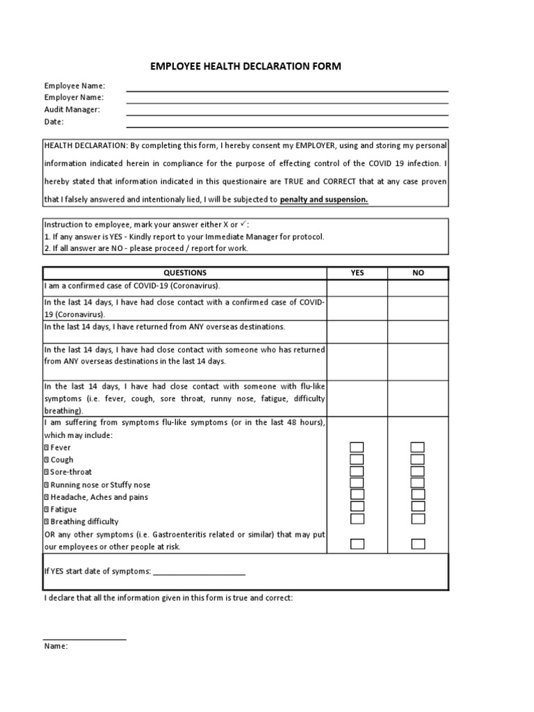 Employee Health Declaration Form | PDF