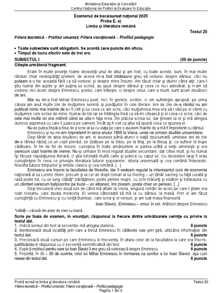Document 2020 06 19 24121890 0 Subiecte Romana Bac 2020 Uman | PDF