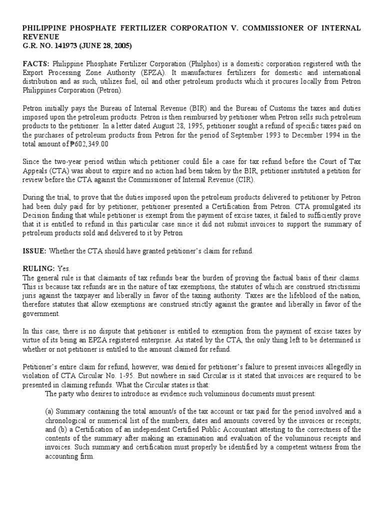 Philippine Phosphate Fertilizer Corporation v. Cir | PDF | Tax Refund ...