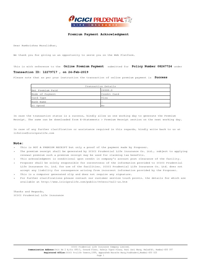 Icici Prudential Premium Paid Acknowledgement PDF Insurance