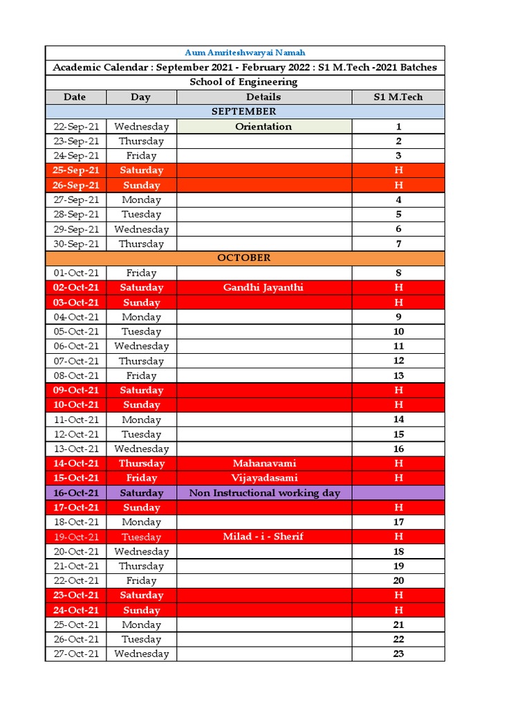 S1 M.Tech Academic Calendar PDF