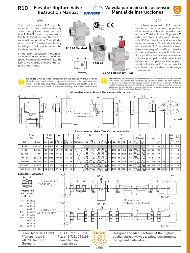 Elevator Rupture Valve Instruction Manual Válvula Paracaída Del