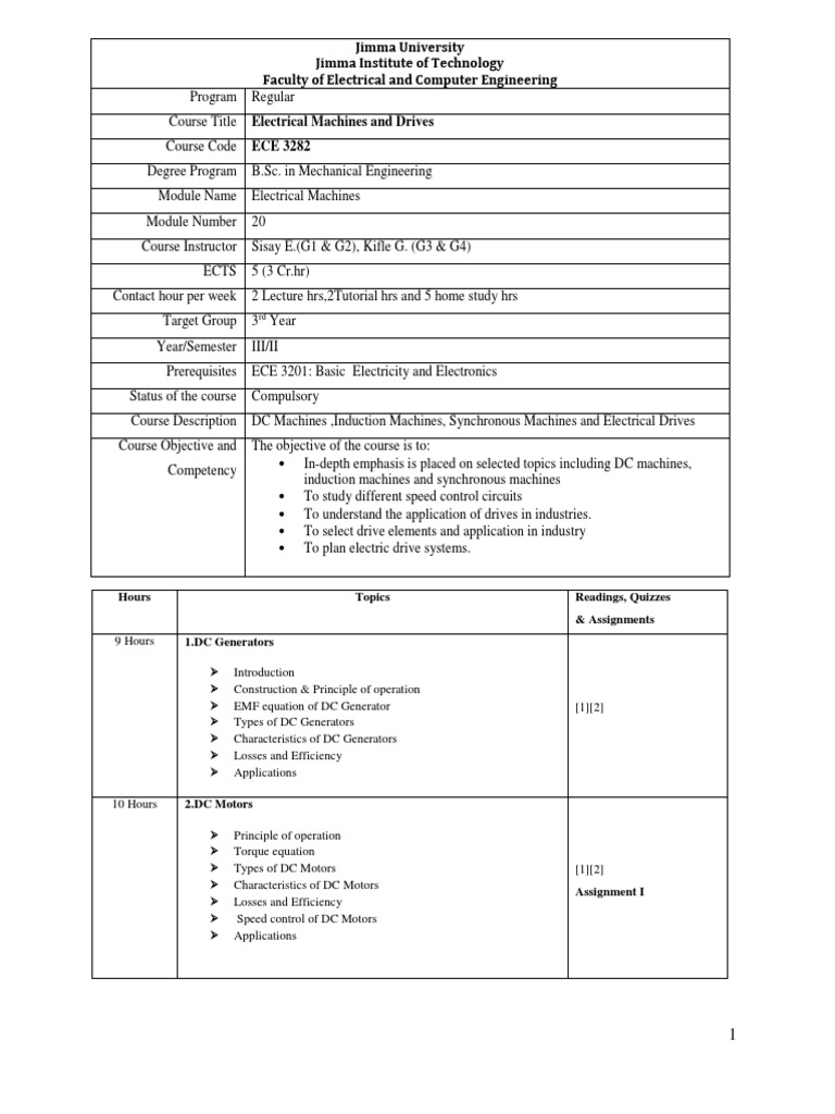 Electrical Machines and Drives Course Outline | PDF | Electric Motor ...