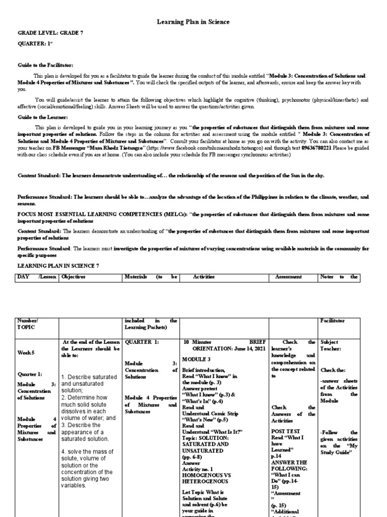 Grade 7 Science Learning Plan: Quarter 1 | PDF | Learning | Solubility