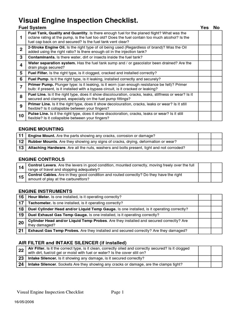 Visual Engine Inspection Checklist. Fuel System Yes No 1 2 3 4 5 6 7 8