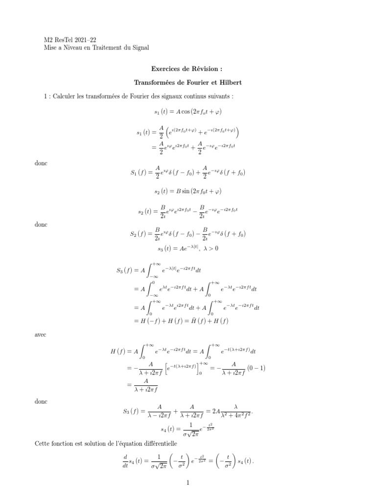 Exercices Corrigés de Fourier et Signal | PDF | Mathématiques ...
