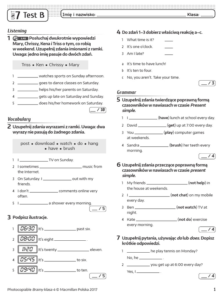 Brainy Klasa 4 Test Unit 7