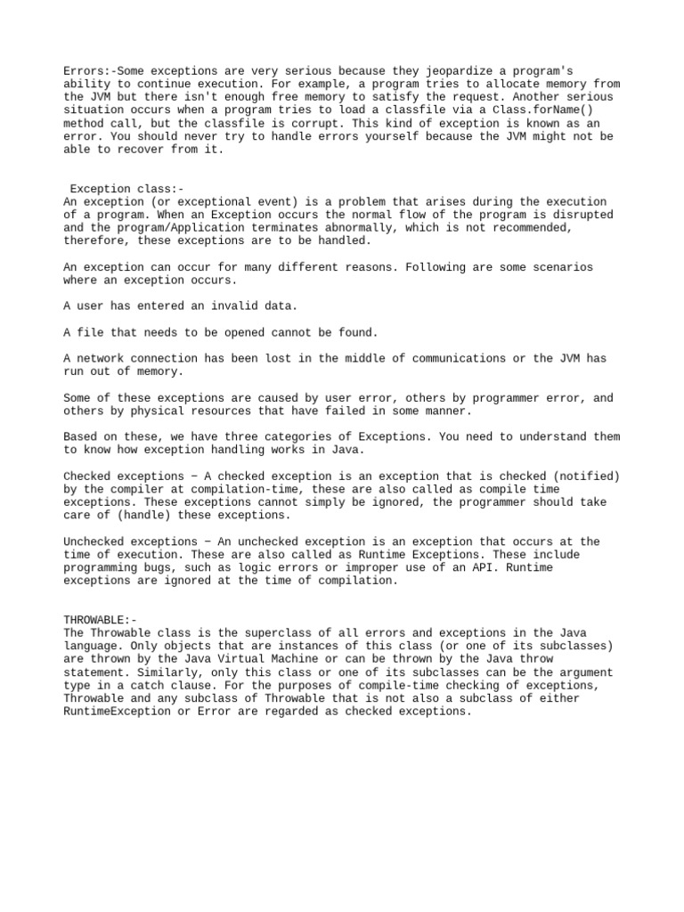 Throwable Error Exception | PDF | Java (Programming Language) | Class ...