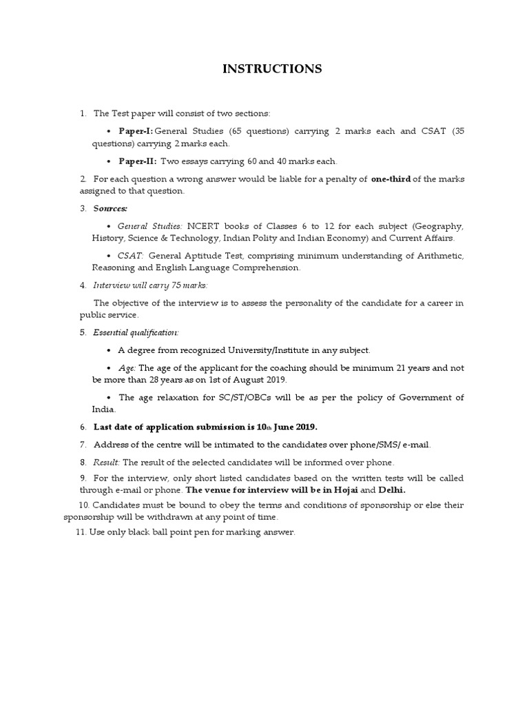 Instructions: - A Degree From Recognized University/Institute in Any ...