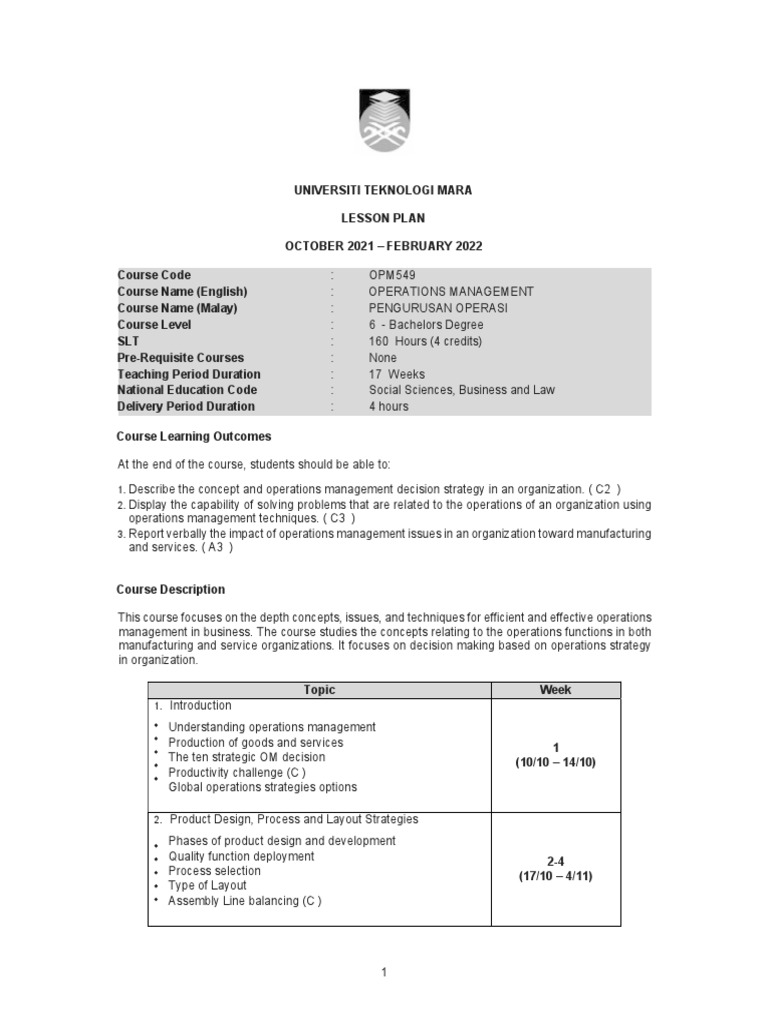 Operations Management Lesson Plan 2021 | PDF | Project Management ...