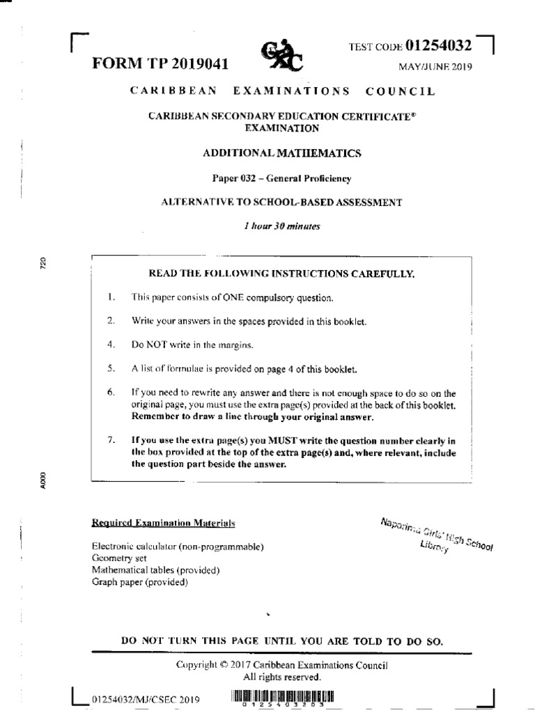 CSEC Additional Mathematics May 2019 Paper 032 | PDF