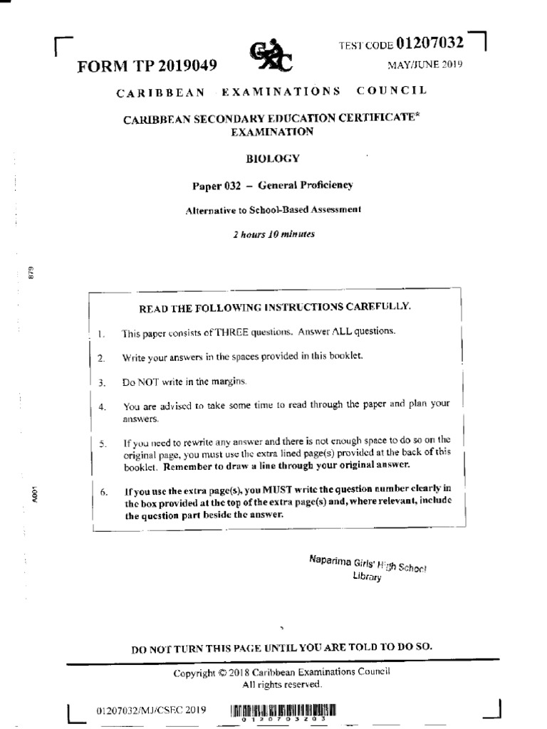 CSEC Biology 2019 Paper 032 | PDF