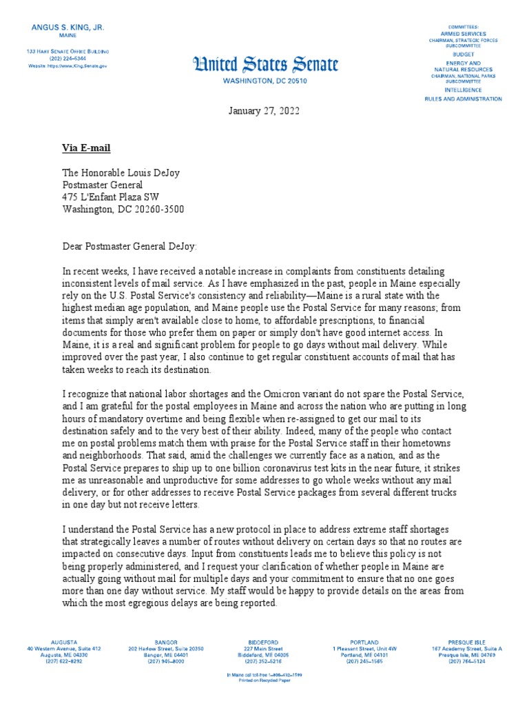 Sen. King To Postmaster General DeJoy Letter and Questions PDF