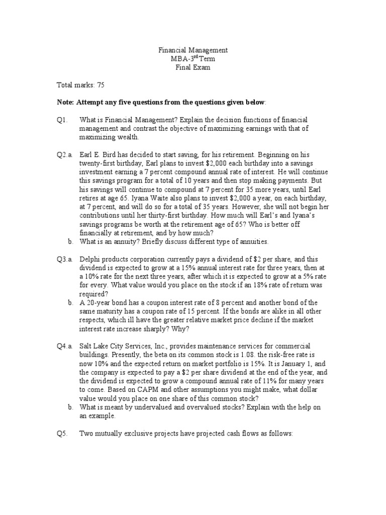 MBA Financial Management Exam Questions | PDF | Interest | Bonds (Finance)