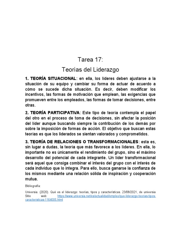 Tarea 17 Teorias Del Liderazgo | PDF | Crecimiento personal y profesional