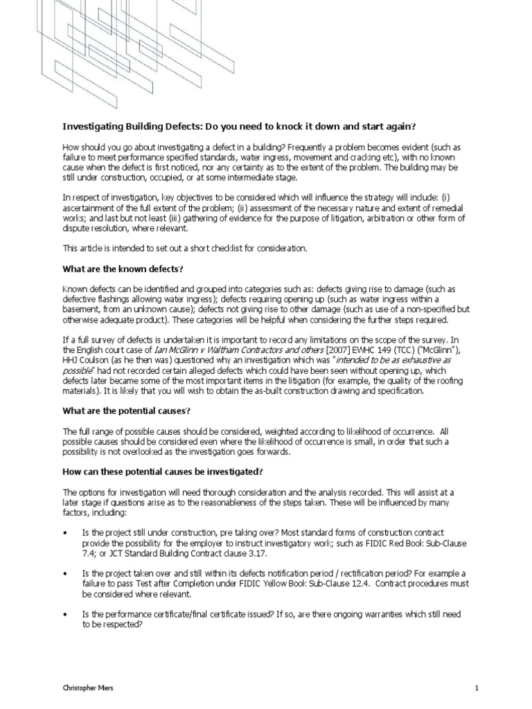 Building Defect Investigation Checklist | PDF | Arbitration | Justice