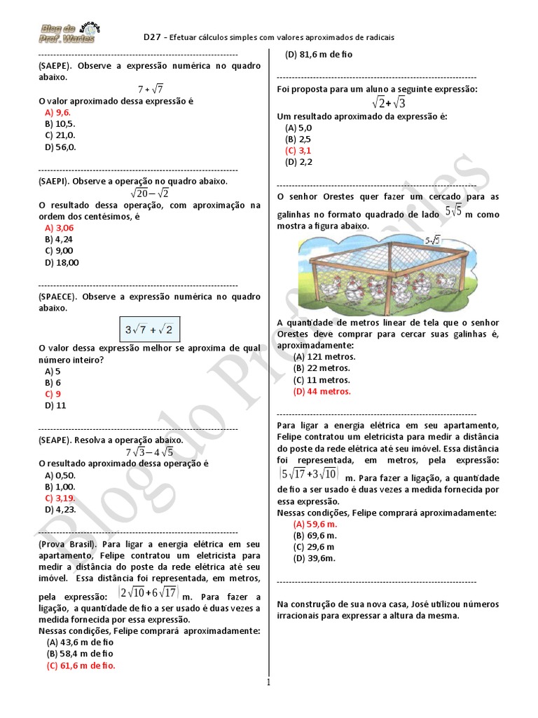 D27 (9º ANO - Mat.) - Blog Do Prof. Warles | PDF | Raiz quadrada ...