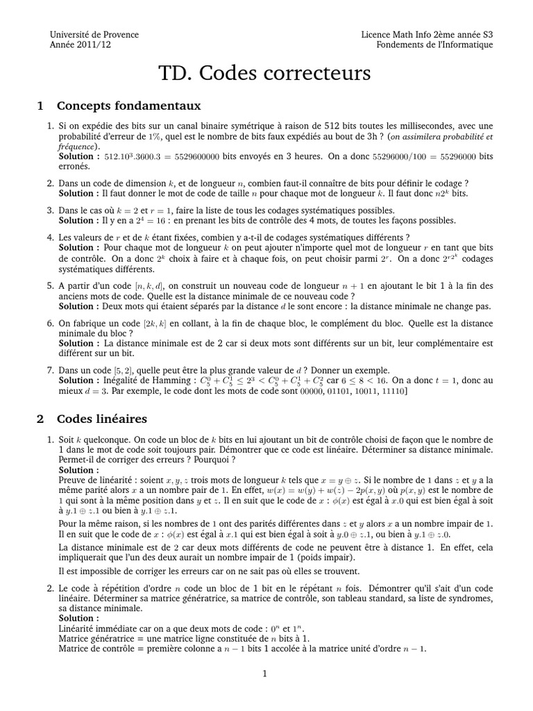 Codes Correcteurs et Linéaires | PDF | Détection et correction des ...