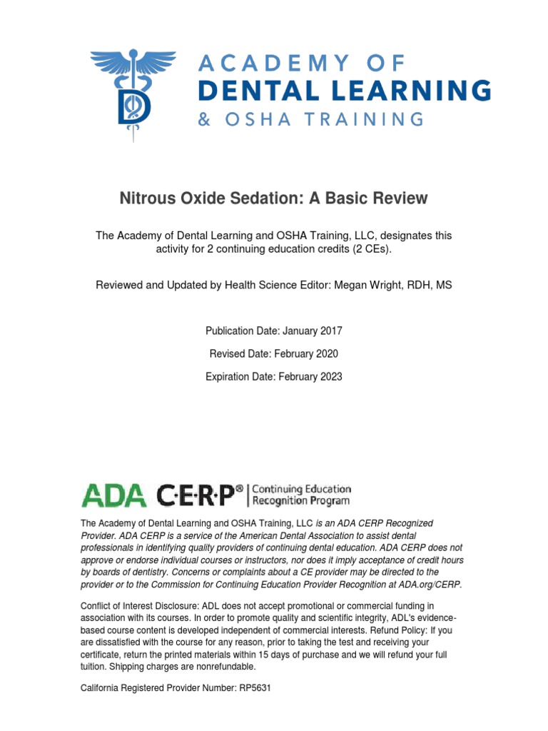 Nitrous Oxide Sedation: A Basic Review | PDF | Nitrous Oxide | Anesthesia