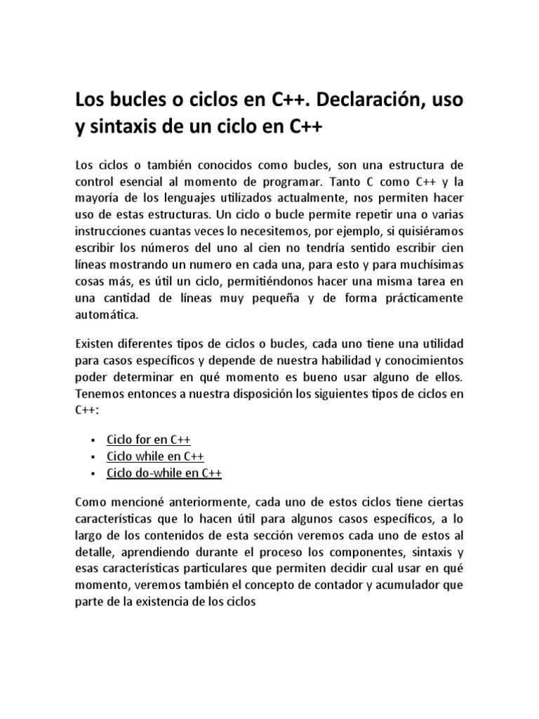 Bucles y Ciclos en C++: Sintaxis y Ejemplos | PDF | C ++ | Lenguaje de ...