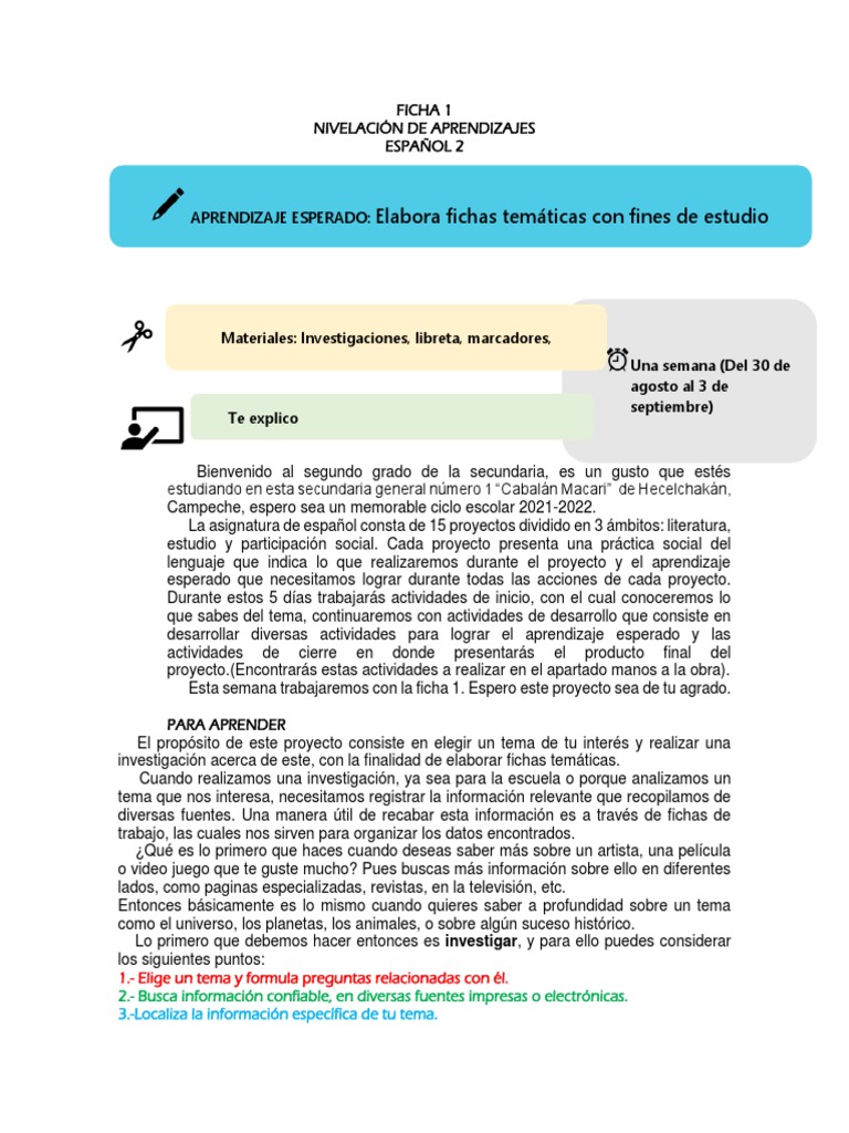 Elabora Fichas Temáticas Con Fines De Estudio Aprendizaje Esperado