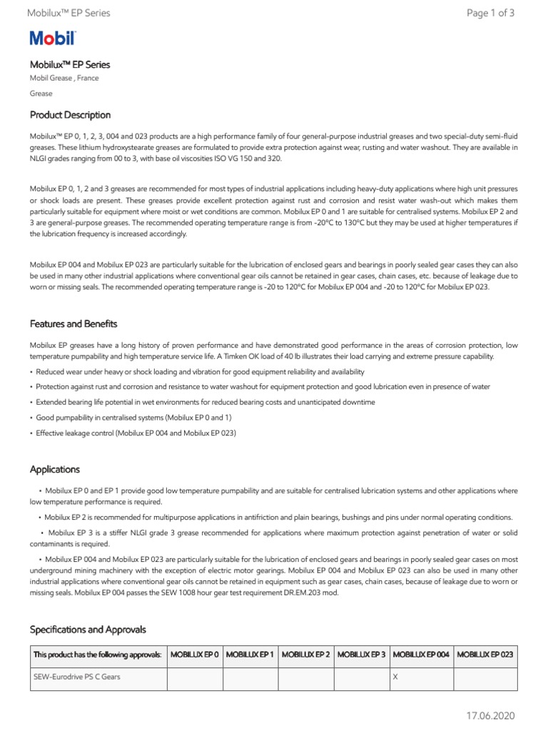 Mobilux EPSeries Data Sheet PDF Exxon Mobil Mechanical Engineering