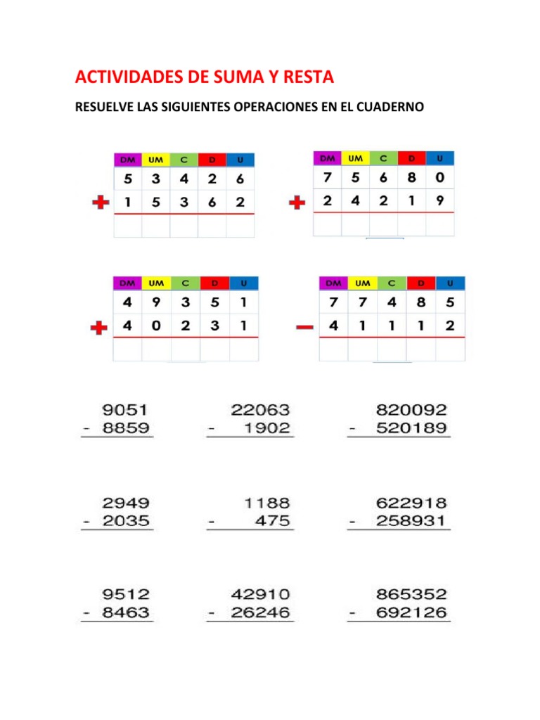 Actividades de Suma y Resta-Grado 3 | PDF