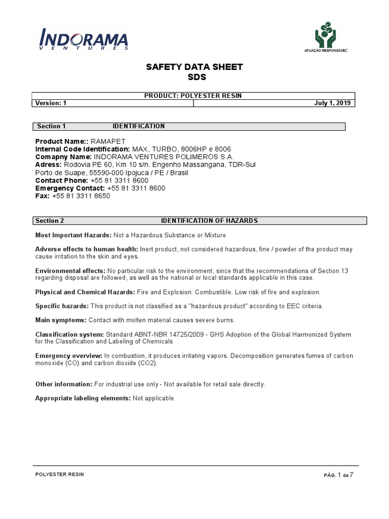 Safety Data Sheet SDS Product Polyester Resin July 1, 2019 PDF