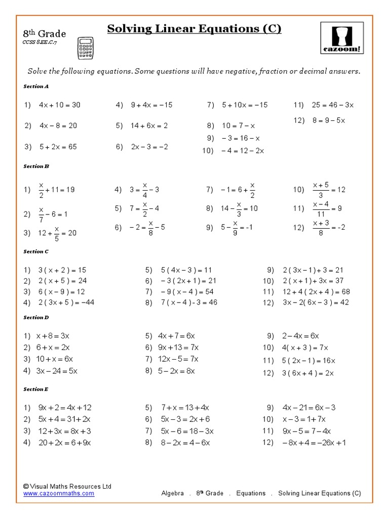 8th Grade Linear Equations Worksheet | PDF | Mathematics | Algebra