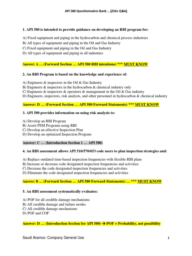 API 580 RBI Questionnaires Bank | PDF | Risk | Risk Management