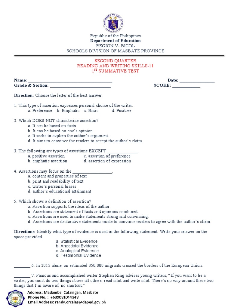 Reading and Writing Summative SUMMATIVE 1 Q2 PDF Evidence Writers