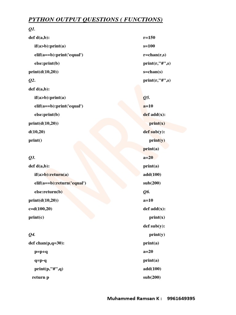 Python Output Questions (Functions) : Muhammed Ramsan K: 9961649395 | PDF