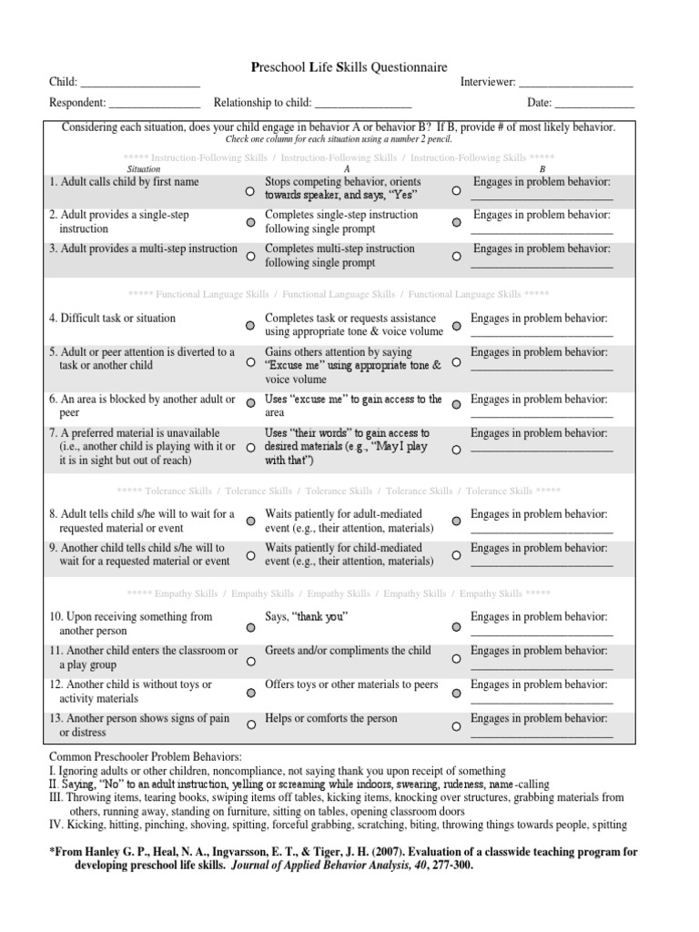 Preschool Life Skills Questionnaire Post PDF Cognitive Science