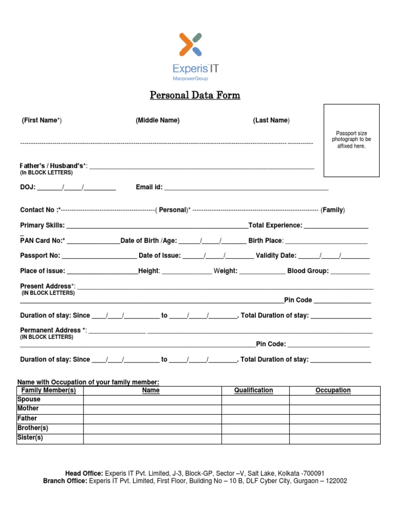 Personal Data Form (Experis IT Pvt. LTD.) New PDF Justice Crime