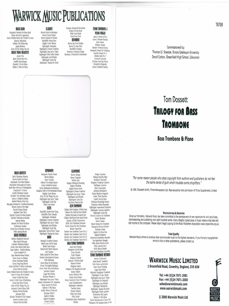 Trilogy For Bass Trombone Piano + Bass Trombone Solo PDF