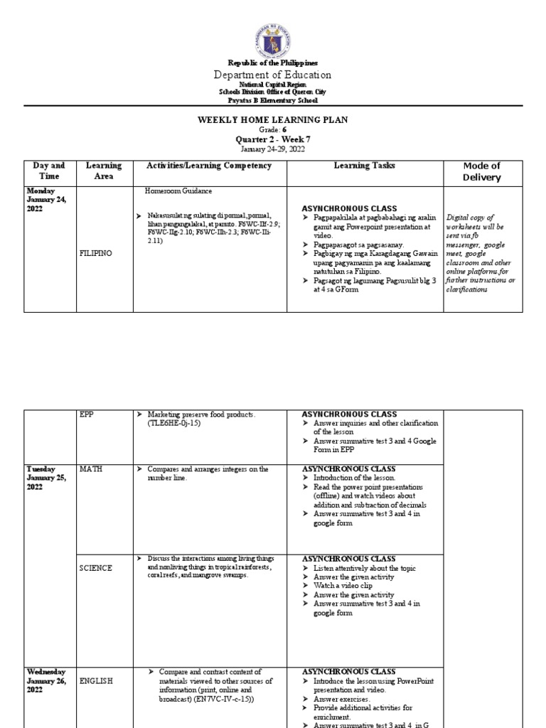 Grade 6 Weekly Home Learning Plan | PDF