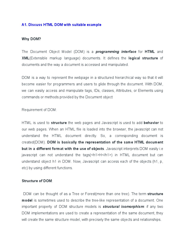 A1. Discuss HTML DOM With Suitable Example | PDF | Document Object ...