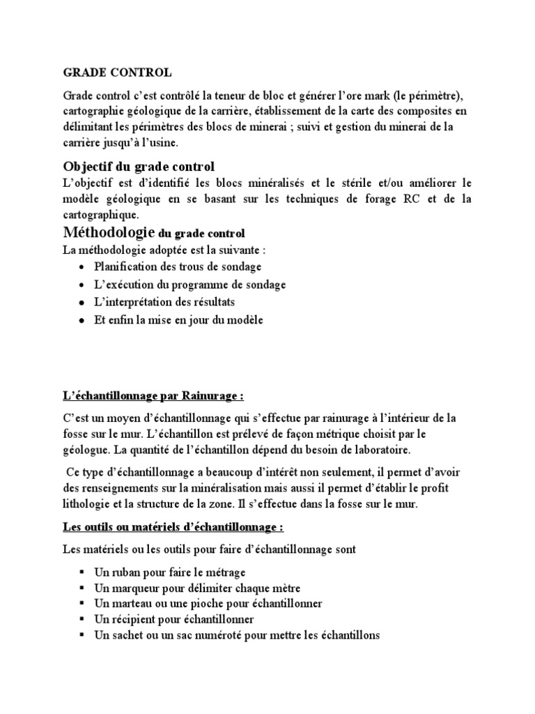 Contrôle de Grade en Minier: Méthodes et Procédures | PDF | Forage ...