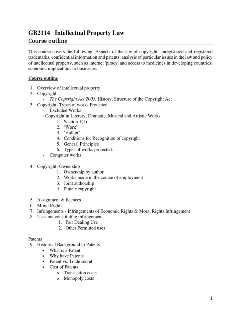 Intellectual Property Law Course Outline | PDF | Patent | Copyright