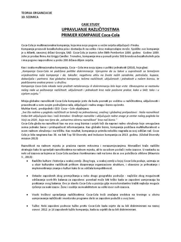 Coca Cola UPRAVLJANJE - RAZLICITOSTIMA - CASE - STUDY - PR | PDF